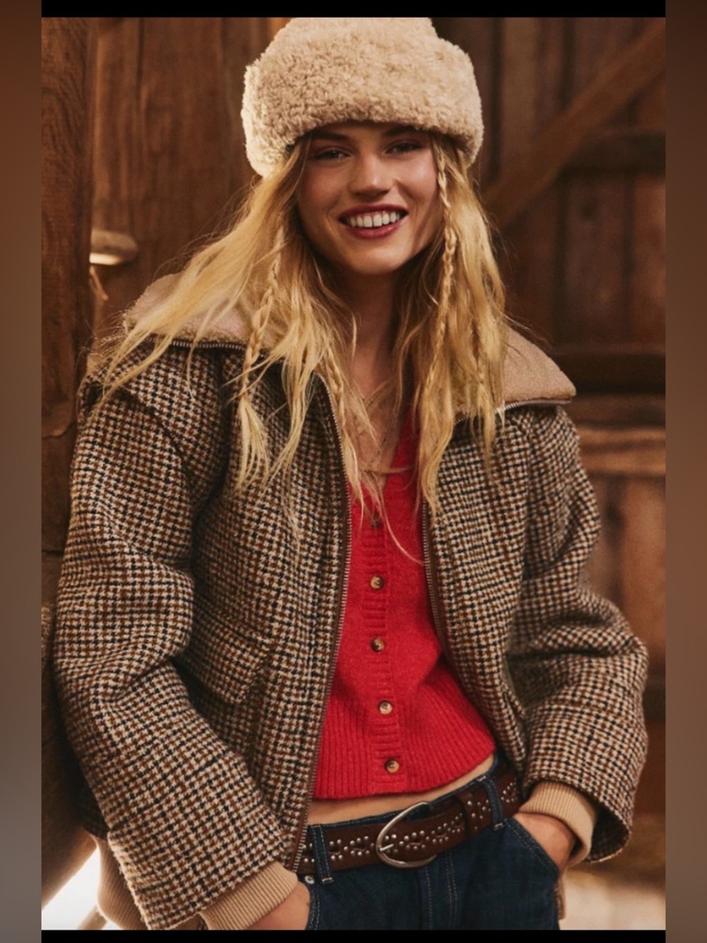 NWT We The Free Houndstooth Bomber Jacket with Cream Sherpa Collar